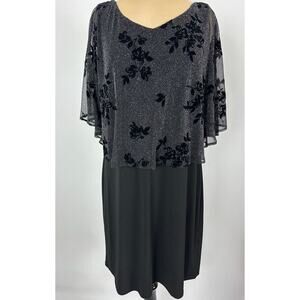 JM Studio Size 12 Black Dress Drape Shimmer Glitter Velvet Floral Cocktail XMAS